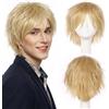 S-noilite Unisex Parrucca Corta Lisci Cosplay Anime Costume Capelli Coda Ondulata Parrucche Complete per Donne Uomini Maschili Halloween Festa in Maschera,Biondo lino