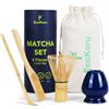 EcoKoru Set Tè Matcha | Kit tradizionale 4 pezzi con frusta in bambù naturale (100 punte), supporto in ceramica, chashaku, spatola e sacchetto in lino ecologico