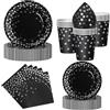 Nkaiso 50 Pezzi Stoviglie per Feste Nero e Argento, 10 x 23cm & 10 x 18cm Piatti Carta Usa e Getta, 10 Tazze, 20 Tovaglioli - per Compleanno Festività Feste Decorazioni -10 Ospiti