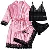Jamron Donna Sexy Pizzo Floreale 4 Pezzi Set Pigiama in Raso Babydoll Completo Intimo Erotico SN070316 Rosa Strisce M
