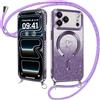ZhuoFan Magnetica Custodia per iPhone 17 Pro Max 6,9 con Cordino, Glitter Sfumato Case Compatibile con MagSafe Trasparente Aesthetic Motivo Cuore Disegni Cover Fotocamera Protezione Collana, Viola