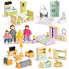 Atoylink Set di Mobili Casa delle Bambole in Legno, Accessori Colorati per Casa delle Bambole con 4 Bambole di Famiglia, Giocattoli Educativi e Giochi di Ruolo per Bambini 3 Anni +