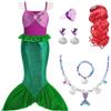 AOOWU Vestito Sirenetta Bambina, Costume da Sirenetta con Parrucca, Ariel Bambine Vestito Sirena con 5 pezzi Accessori, Costumi Cosplay Sirena per Halloween, Natale, Cosplay, Compleanno