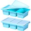 EUBSWA 2 Pezzi Vassoio Congelatore in Silicone con Coperchio - Stampi per Contenitore del Congelatore per Zuppe - Grande Vassoio del Cubo di Ghiaccio- Rende 6 Perfetti Cubi di Porzioni (Blu)