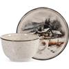 H&H Set 2 Tazze da Tè/Cappuccino in Stoneware 200cc con Piattino - Decoro Silent Snow, Beige Puntinato con Bordo Nero, Paesaggio Montano Innevato con Casette, Perfette per l'Inverno