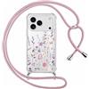Saqmkil Cover Cordino per iPhone 17 Pro max 6,9,Trasparente Aesthetic Disegni Fiori Custodia con Collana Tracolla Laccio Collo Corda, Ragazze Morbido TPU Bumper Silicone + PC Antiurto Protettiva Case