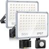 YIQIBRO Faretto con Sensore di Movimento 50W 2 Pezzi, 5000LM 6500K Faro LED Esterno con Sensore Movimento, Luci LED Impermeabile IP67 Lampada Esterno per Giardino, Terrazza, Garage, Magazzino