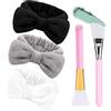 FUKPO 3 Pezzi Fascia Capelli Fiocco Donna con 2 Pennello Maschera in Silicone, FUKPO Bowknot Elastica Fascia per Trucco, Fascia Capelli Bagno per Ragazze Spa Doccia Corsa Yoga Lavaggio Viso