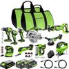 Greenworks 24V 10pcs combo (Trapano, Avvitatore a percussione, Sega circolare, Sega alternativa, Sega a calare, Utensile multifunzione, Levigatrice, Torcia) Include batteries, caricatore CK3101