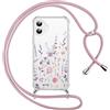 Saqmkil Cover Cordino per iPhone 16 Plus 6,7, Trasparente Aesthetic Disegni Fiori Custodia con Collana Tracolla Laccio Collo Corda, Ragazze Morbido TPU Bumper Silicone + PC Antiurto Protettiva Case