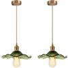 DLGLOLIN Set di 2 lampade a sospensione in vetro per interni moderni, verdi e fiori, lampada a sospensione vintage in ottone dorato, lampadario per cucina, soggiorno, camera da letto