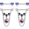 AVYRING 2 paia di anelli per capezzoli, in argento con catene di cristallo floreali, barrette in acciaio inox con cuore a cuore, 14g