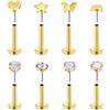 AVYRING Orecchini per trago con retro piatto, 16 G, 6 mm, 8 mm, argento e oro, in acciaio inox, senza filettatura, set con stella, farfalla, luna, cuore, zirconia cubica per cartilagine, labret,
