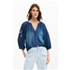 Desigual, blusa con ricami a sbuffo, Donna, Lyocell, Blu, L