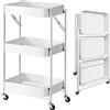 BAKAJI Carrello Cucina Pieghevole con 3 Ripiani Cestelli 4 Ruote girevoli a 360 Gradi con Freno Integrato in Metallo Trolley Salvaspazio da Servizio Dimensioni 29 x 40 x 76 cm (Bianco)