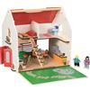 goki 51458 - Casa delle bambole portatile in legno CityLife - Casa da gioco da 54 pezzi con mobili e bambole, completamente arredata, con maniglia di trasporto