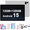 Crelander Tablet Android 15 da 10,1 pollici, 12 GB + 128 GB, batteria da 5000 mAh, touch screen 1280 x 800, Bluetooth/WiFi, bundle con custodia, tastiera, mouse e stilo (rosa)