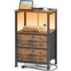 Yornoli Comodino con LED e funzione di ricarica, tavolino con cassetto, comodini con 3 prese AC e 2 porte USB, tavolini per soggiorno, camera da letto, marrone vintage