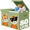 BAKAJI Box Contenitore per Giocattoli Bambini con Animali, Scatola Pieghevole Salvaspazio Capacità 80 Litri Multiuso, Organizer Richiudibile con Maniglie e Chiusura a Strappo, 62.5x31.5x40cm (Verde)