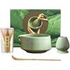 Hisdricus Matcha Kit - Matcha Set a 4 Pezzi per la Cerimonia del Tè: Ciotola in Ceramica con Beccuccio, Frusta Matcha in Bambù con Supporto, Spatola per Matcha - Regalo Classico Verde per la Cerimonia del Tè