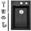 Bokaiya Lavandino Cucina Nero in Granito 35 x 45cm, Lavello Cucina 1 Vasca con Colino Cestello, Lavabo Cucina per Armadio da Cucina da 45cm, con Sifone Classico e troppopieno