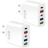 HOMTRAK Caricatore USB C 65 W 2 Pezzi, Caricatore Multiplo 5 Porte (2 USB-C PD 20 W/15 W + 3 USB QC 3.0), Ricarica Rapida per iPhone 16 15 14 13 12 Pro MAX per Xiaomi Huawei iPad, Presa USB Compatta
