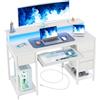 BEXEVUE Scrivania Moderna LED con Ciabatta - 120x50cm Scrivania Gaming Tavolo Computer con Supporto Monitor Vassoio per Tastiera, 4 Cassetti Reversibili, Grande Spazio Studio Gioco Lavoro Casa Ufficio