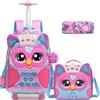 HTgroce Zaino Trolley Scuola Elementare Bambina Gufo - Set 3 Pezzi Zainetto con Ruote per Primaria - Include Borsa e Astuccio - Trolley Scuola Ergonomico per Viaggio