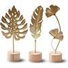 ZGDYi Set di 3 Sculture Decorative Dorate in Metallo - Foglia di Ginkgo, Monstera e Piuma con Base in Legno Naturale, Soprammobili Moderni per Decorazioni Eleganti Casa, Ufficio e Arredamento Soggiorno