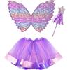 GWAWG 3Pcs Costume Farfalla per Bambina Fata Bambina Aile Completo Bacchetta Magica di Fata per Bambine Kit di Costume di Travestimento (Porpora)