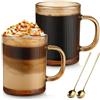 Anhow Tazze Colazione con Cucchiaio, 2 Pezzi Tazzine Caffe Vetro 350 ml Tazze Cappuccino Bicchieri Acqua Vetro per Latte, Caffè, Avena, Yogurt, Fiocchi D'avena - Oro