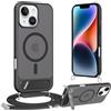 Jrkvniv Cover Magnetica per iPhone 14/iPhone 13 con Cordino [Supporto integrato] Custodia con Laccio Tracolla Regolabile Collana, Protezione Antiurto di Livello Militare Case Traslucida Opaca, Nero
