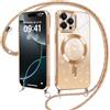 ZhuoFan Magnetica Custodia per iPhone 15 Pro 6,1 con Cordino, Glitter Sfumato Case Compatibile con MagSafe Trasparente Aesthetic Motivo Cuore Disegni Cover Fotocamera Protezione con Collana,Oro
