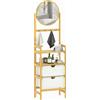 HOMCOM Mensola da Bagno in Bambù con Specchio con 4 Ganci 2 Ripiani Aperti e 2 Cassetti in Tessuto 48,5x30x170 cm Naturale | Aosom Italy