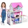 HOMCOM Casa delle Bambole in Legno per Bambini 3+ Anni con 12 Accessori, Tre Piani, Cortile e Arredamento, Rosa|Aosom