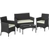 Outsunny Set Mobili da Giardino in Rattan Sintetico con Divano, Poltrone e Tavolo in Vetro Temperato con Cuscini Nero e Crema | Aosom Italy