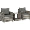 Outsunny Set da Giardino Esterno 3 Pezzi in Resina Intrecciata Tavolo e 2 Poltrone con Cuscini, 62x65x75cm, Grigio Chiaro | Aosom Italy