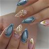 Xanthelle Press on Nails, unghie finte adesive corte, design con fiocco d'oro e stella, unghie finte blu medie con French Tip, lucide, riutilizzabili, kit unghie da 24 pezzi