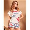 Gisela Pigiama mezza manica shorts donna in puro cotone Gisela 20403, Bianco,Grigio