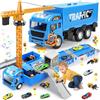 JONRRYIN Camion Cantiere Giocattolo per Bambini, Camion Set Veicoli da Cantiere con Musica, Luci, Doppia Pista e Torre Gru, Incluse Bulldozer, Trattore, Carrello Elevatore, Rullo, Regalo per 3+ Anni