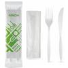 MAQA 100 Set Posate Biodegradabili e Compostabili + Tovagliolo - Forchetta e Coltello Imbustati Singolarmente - Resistenti per Cibi Caldi fino a 70°C - Ideali Come Posate Da Viaggio, Eventi, Ristorazione