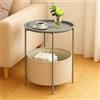 Pinkgarden Rinkgarden Tavolino laterale rotondo con cesto in tessuto, moderno e robusto, tavolino terminale in metallo per soggiorno, camera da letto, comodino, cameretta, lavanderia o balcone (grigio + beige)