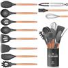 Wildone Set di 12 utensili da cucina, in silicone, con manico in legno, antiaderente, con supporto per utensili, spatole in silicone, lavabili in lavastoviglie (grigio)