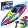 Cirmine Barca Telecomandata RC 15 km/h con 7 Modalità LED Multicolore, 2.4GHz con Auto-Flip, Avviso Batteria e Fuori Portata, 2 Batterie Ricaricabili, per Piscina e Lago, Regalo per Ragazzi e Ragazze.—blu