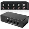 GOMETY Interruttore audio 4 in 1 out, commutatore audio bidirezionale 3,5 mm AUX + RCA L/R, interruttore audio, scatola di selezione audio per cuffie, altoparlanti, fono, sistema audio, splitter audio 4