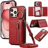 YANJIEER ESONG Cover per iPhone 16 Pro Max Portafoglio Case con Cordino Cinturino e Ring,Custodia A Libro In Pelle Flip Cerniera,Caso per Donna Con Porta Carte,Magnetica,Supporto Rosso