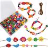FICOFISE Perline di legno da infilare, 400 pezzi: 12 tipi di perline colorate da infilare, per bambini, adulti, fiori e animali, set di perline per bambini, con spago e ago, per bracciali, collane fai