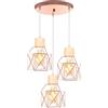 iDEGU 3 Luci Lampadario a Sospensione Vintage E27 Plafoniera Industriale in Legno Metallo Gabbia Lampada da Soffitto Retrò Lampade a Sospensione per Cucina Salotto Cameretta (Oro Rosa, Legno, Rotonda)