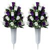 SIFOEL 2 pezzi cimitero commemorativo artificiale fiori rosa bouquet con vaso per lapidi cimitero decorazione (viola scuro e bianco)
