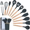 Lychee Set di 12 utensili da cucina in silicone con supporto, pentole antiaderenti, manici in legno resistenti al calore, pinze non tossiche senza BPA, set di spatole, cucchiaio da cucina (grigio)